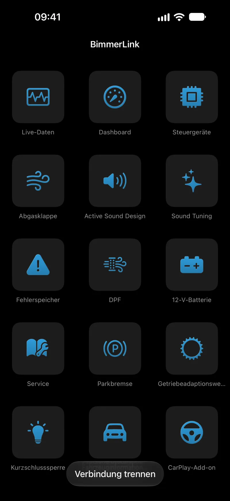 BimmerLink-Hauptmenü auf dem iPhone