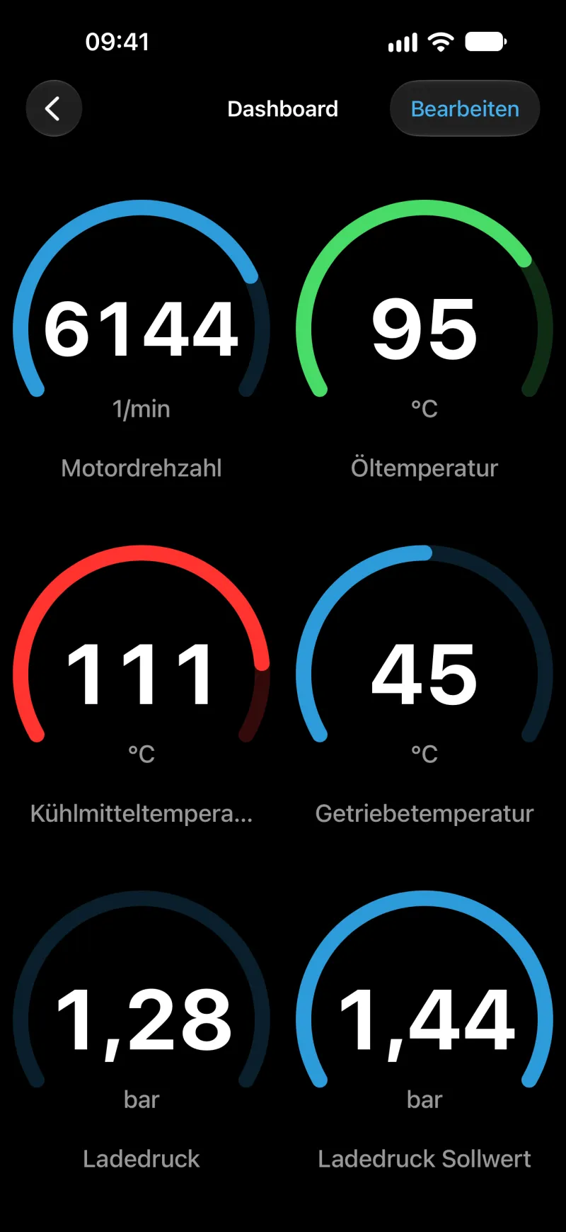 Anpassbares BimmerLink-Dashboard mit Anzeigeinstrumenten auf dem iPhone