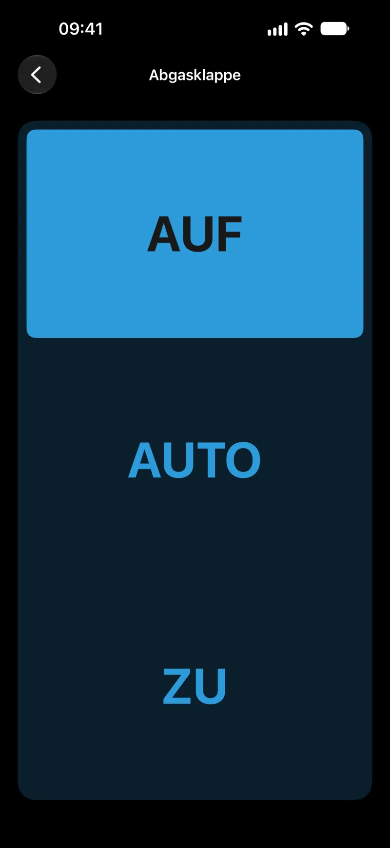 BimmerLink-Ansicht zur Steuerung der Abgasklappe auf dem iPhone