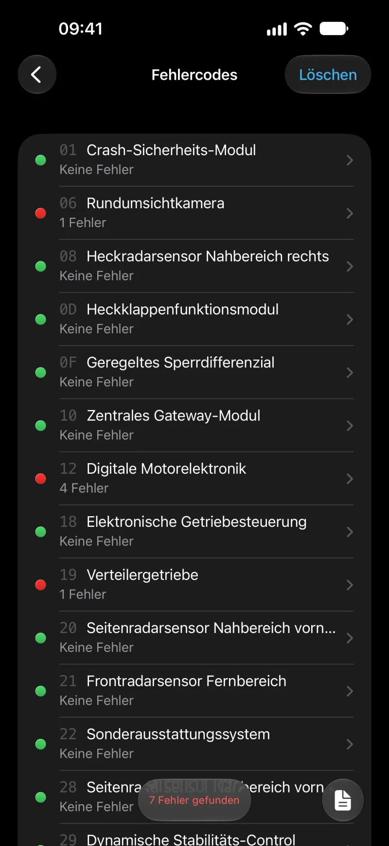 BimmerLink-Ansicht zum Lesen und Löschen der Fehlercodes aller Steuergeräte auf dem iPhone