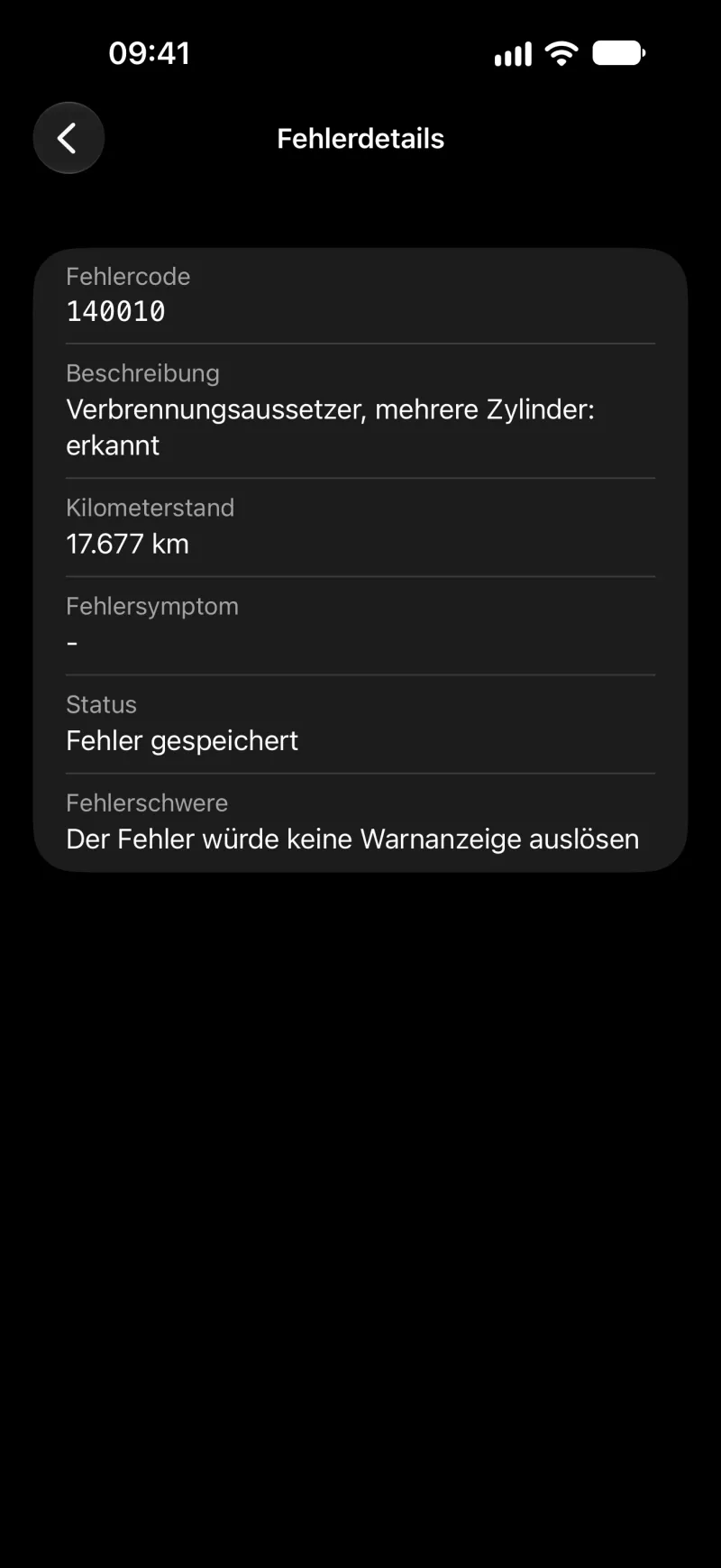 BimmerLink-Ansicht mit Fehlerdetails auf dem iPhone