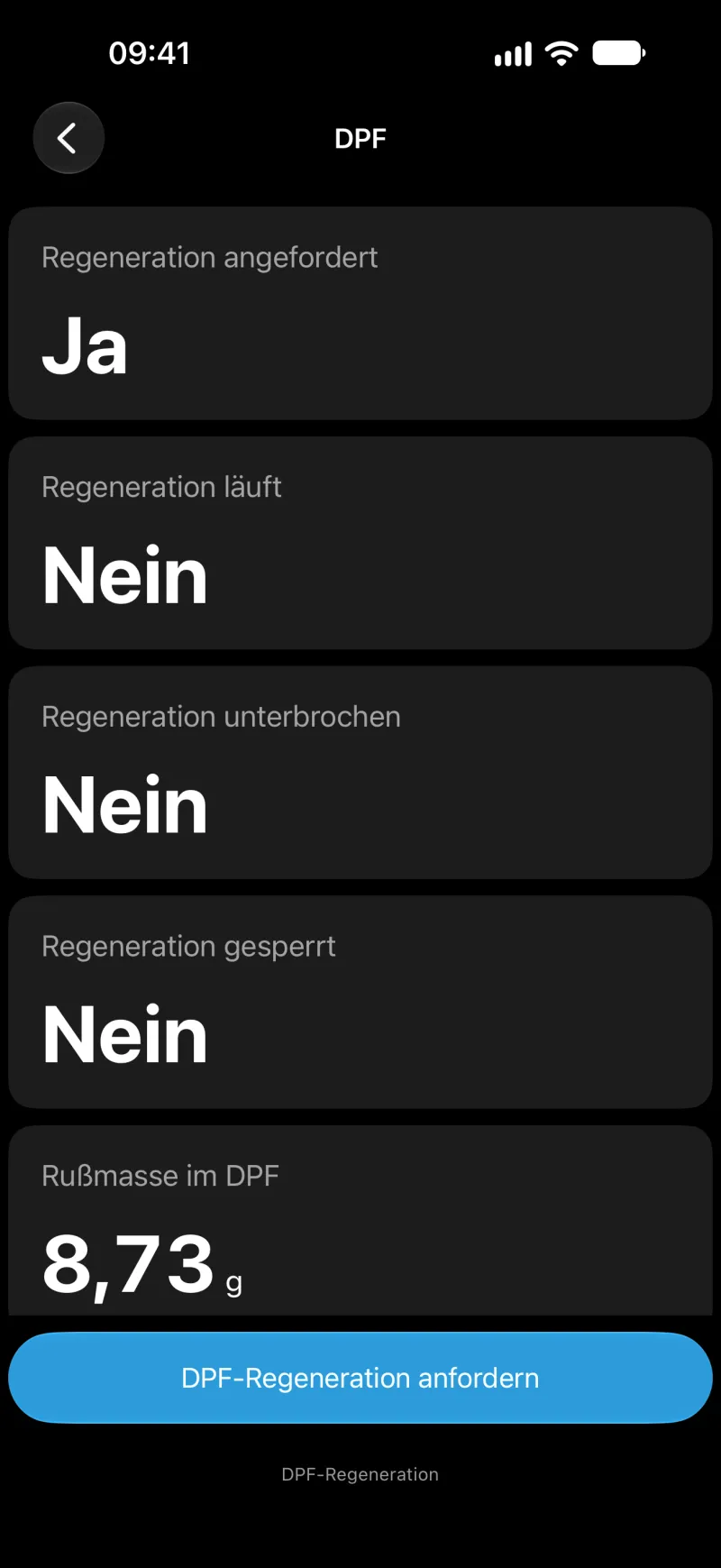 BimmerLink-Ansicht zur DPF-Regeneration auf dem iPhone