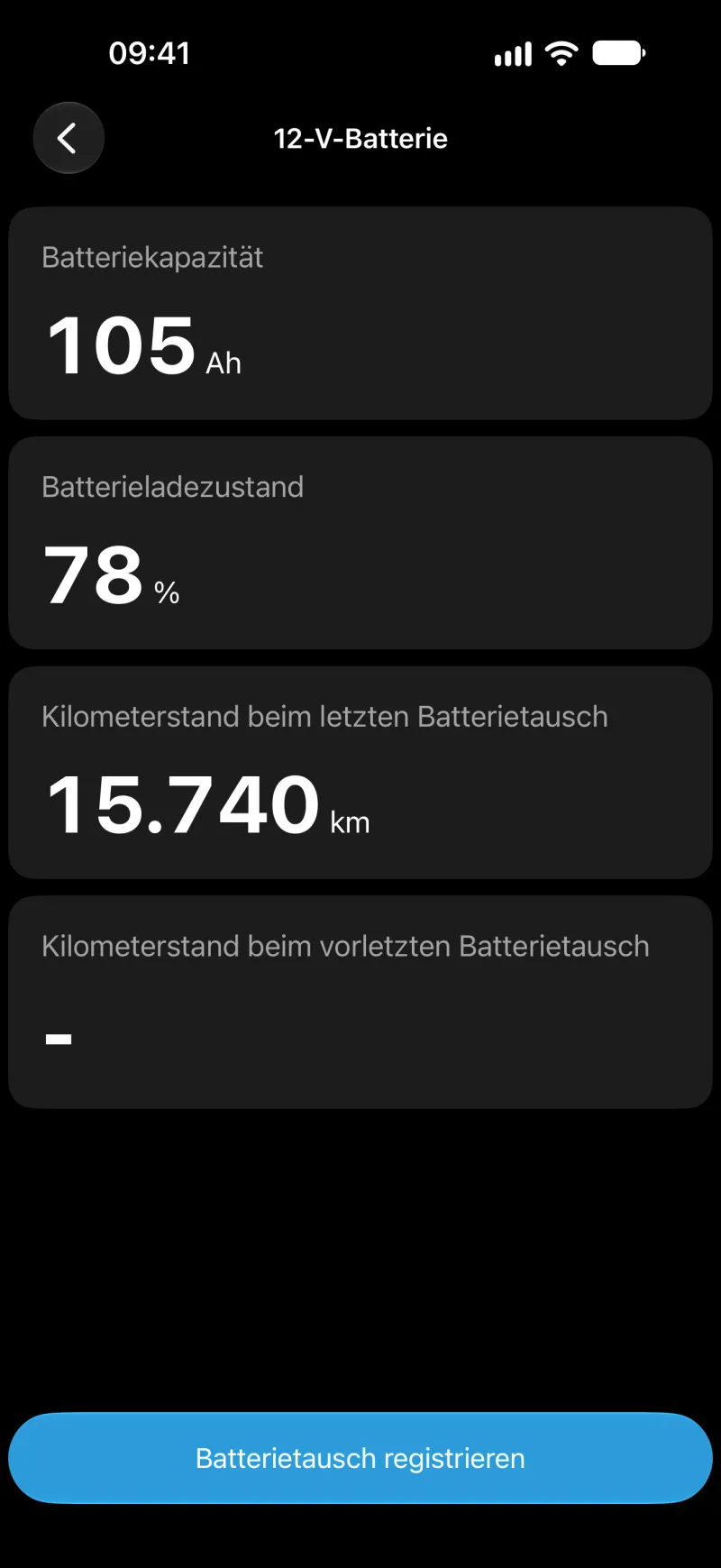 BimmerLink-Ansicht zur Registrierung eines Batterietauschs auf dem iPhone
