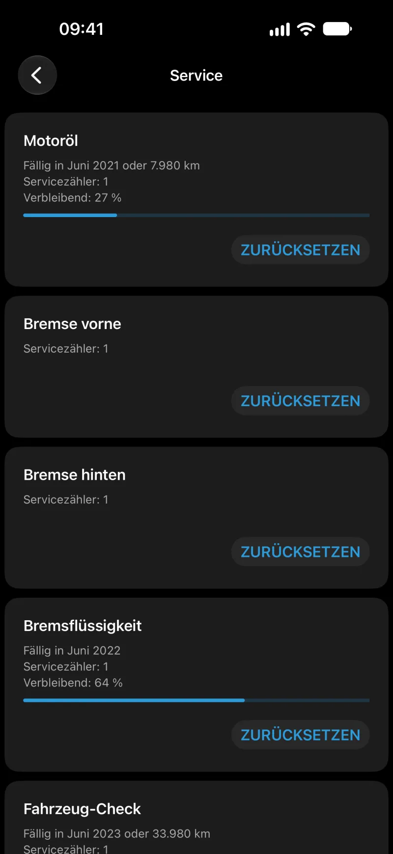 BimmerLink-Ansicht zum Zurücksetzen der Serviceanzeigen auf dem iPhone