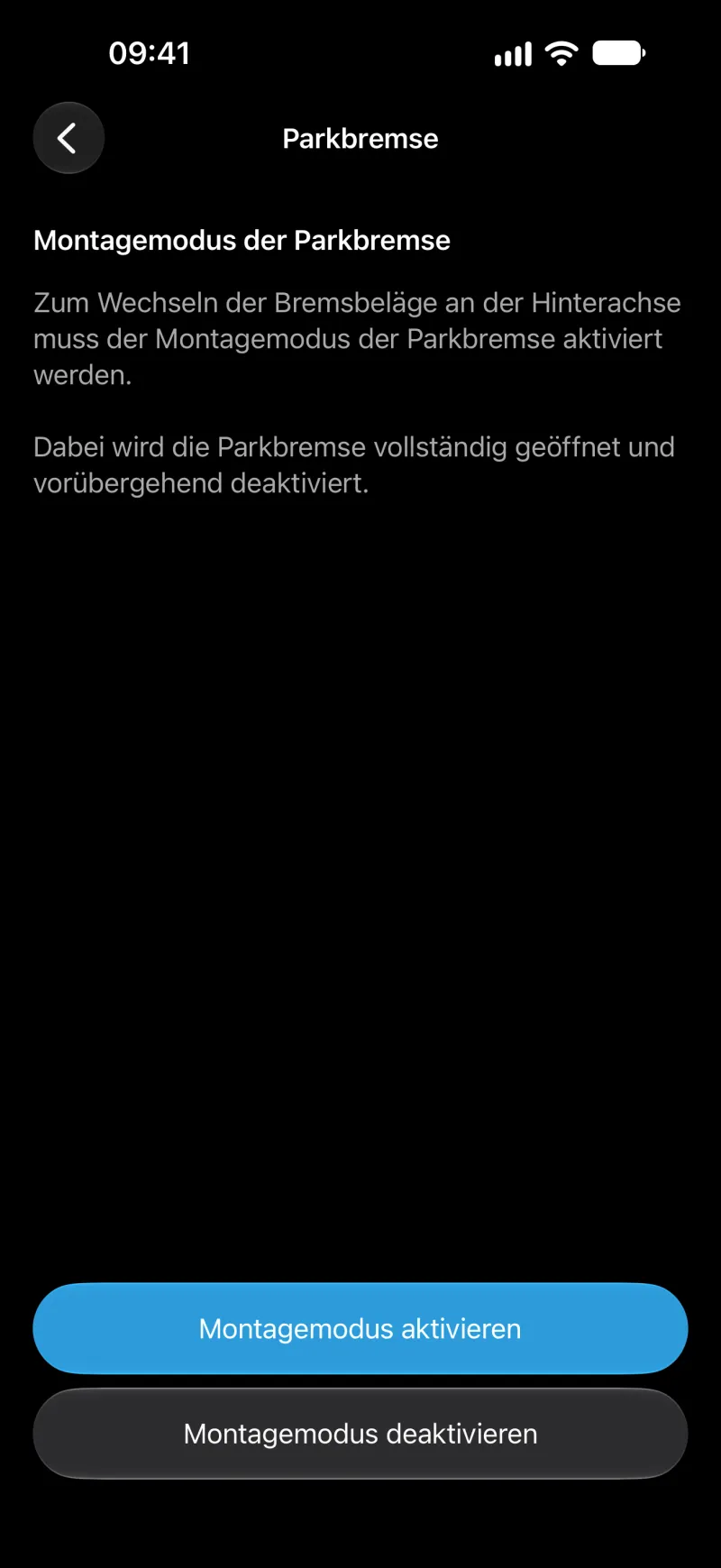BimmerLink-Ansicht zum Servicemodus der Parkbremse auf dem iPhone
