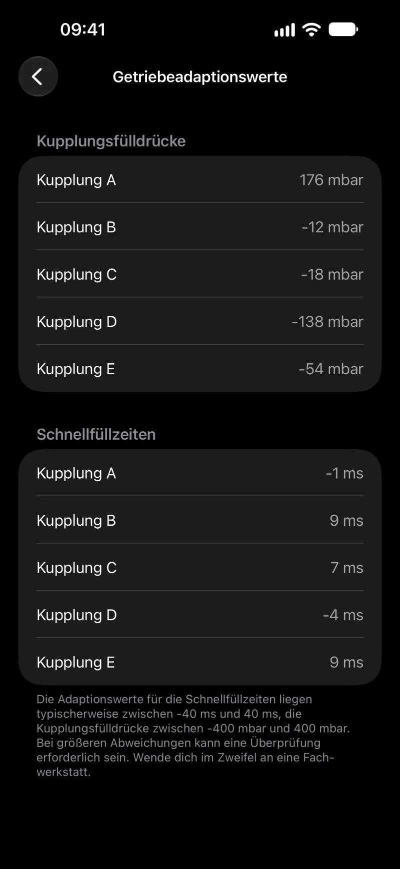 BimmerLink-Getriebeadaptionswerte auf dem iPhone