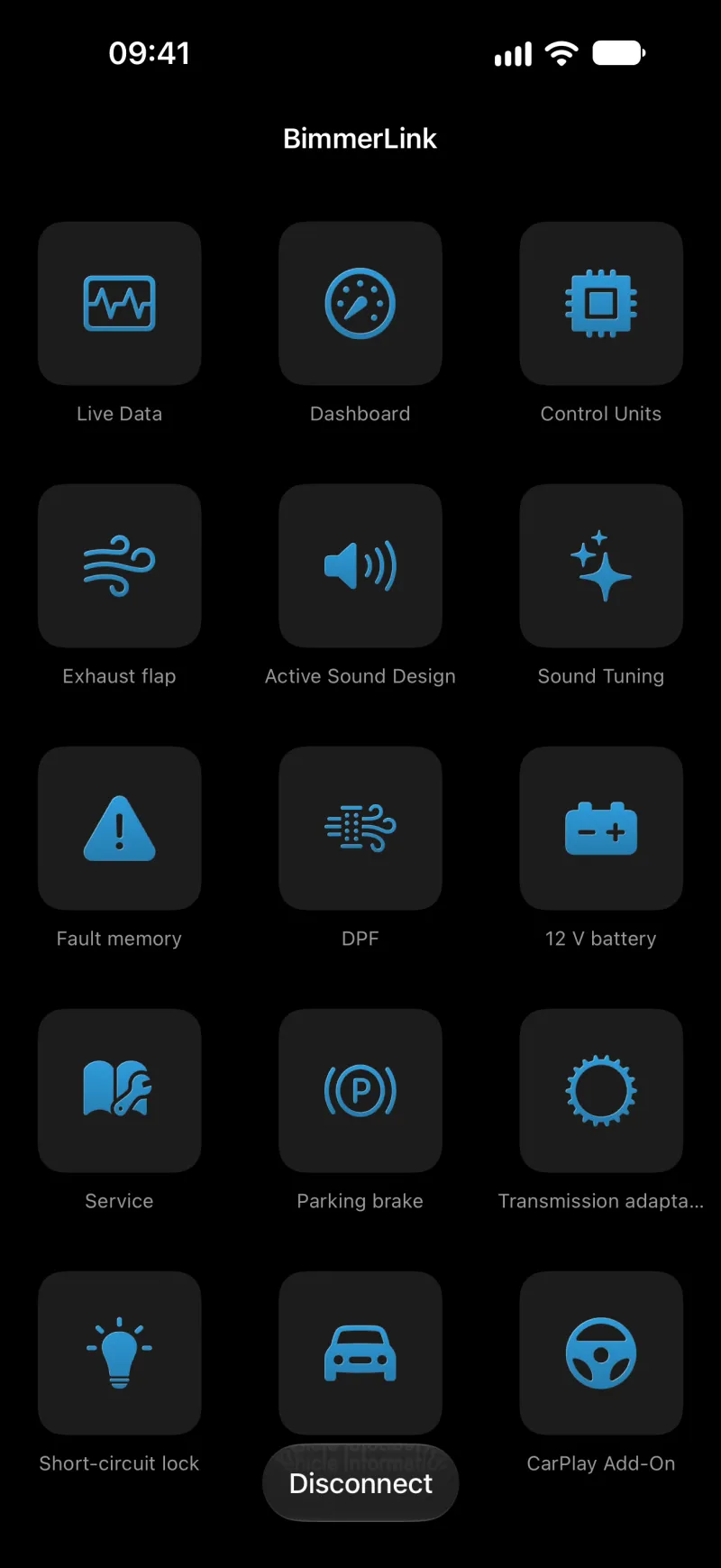 BimmerLink main menu on iPhone
