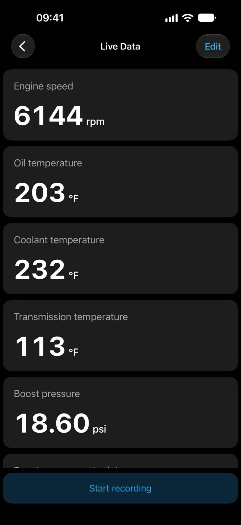 BimmerLink live data screen showing sensor values on iPhone