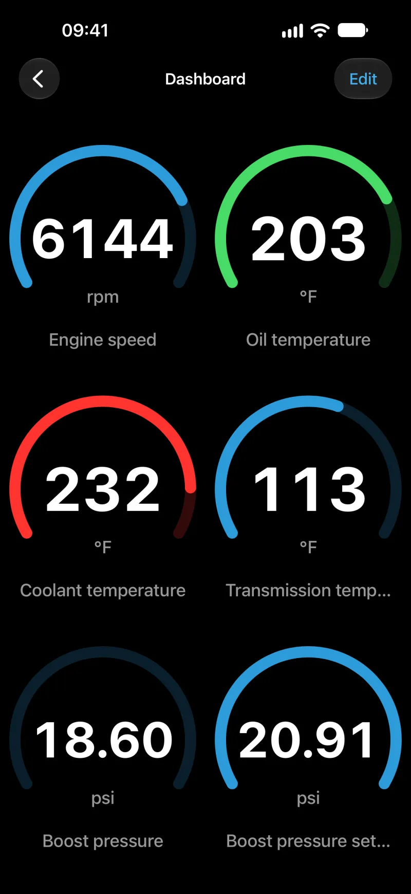 BimmerLink customizable dashboard with gauges on iPhone