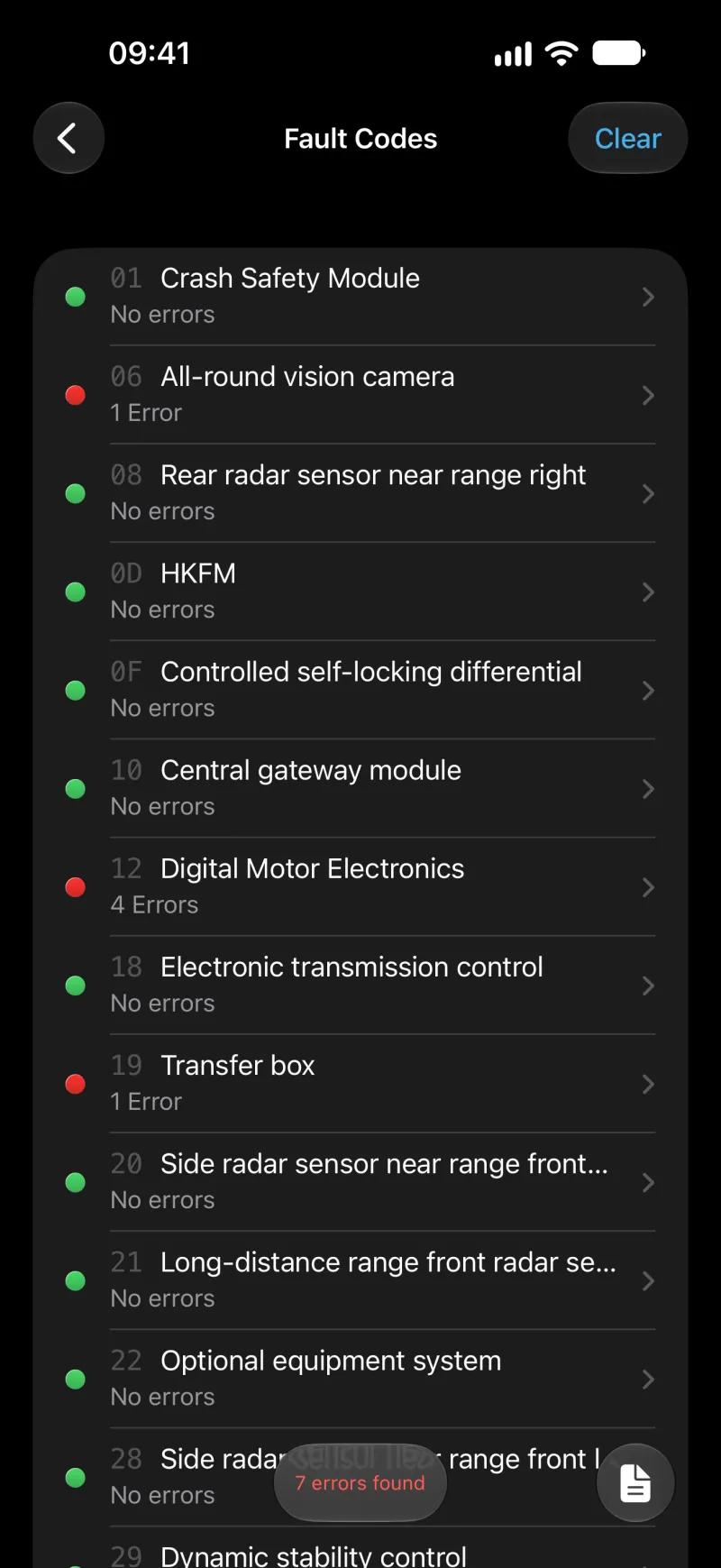 BimmerLink screen for checking and clearing error codes across all control units on iPhone