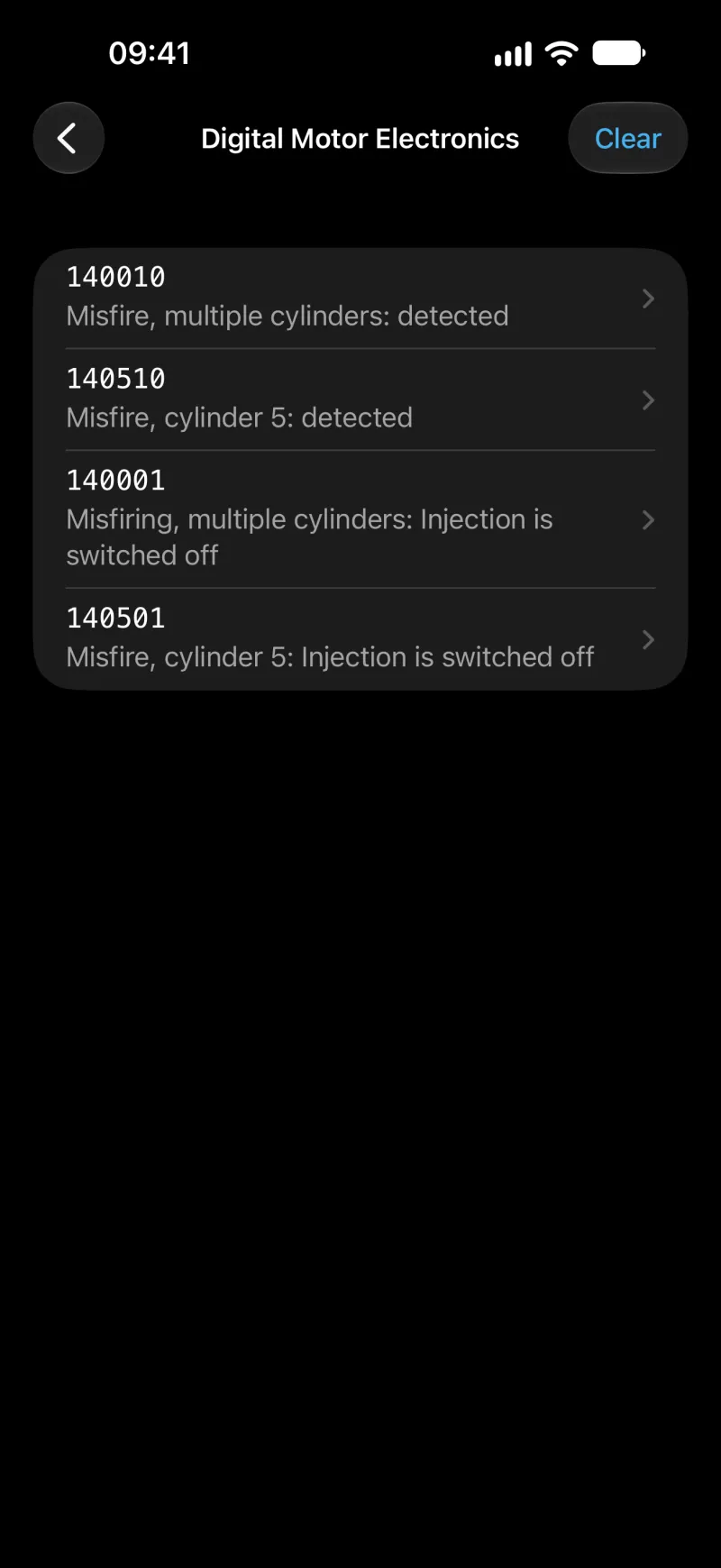 BimmerLink screen showing error codes for a control unit on iPhone