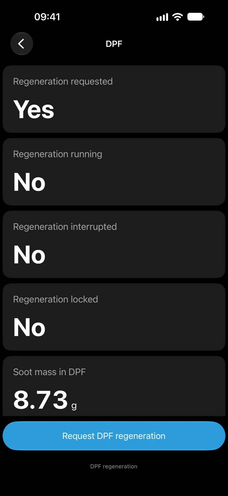BimmerLink DPF regeneration screen on iPhone