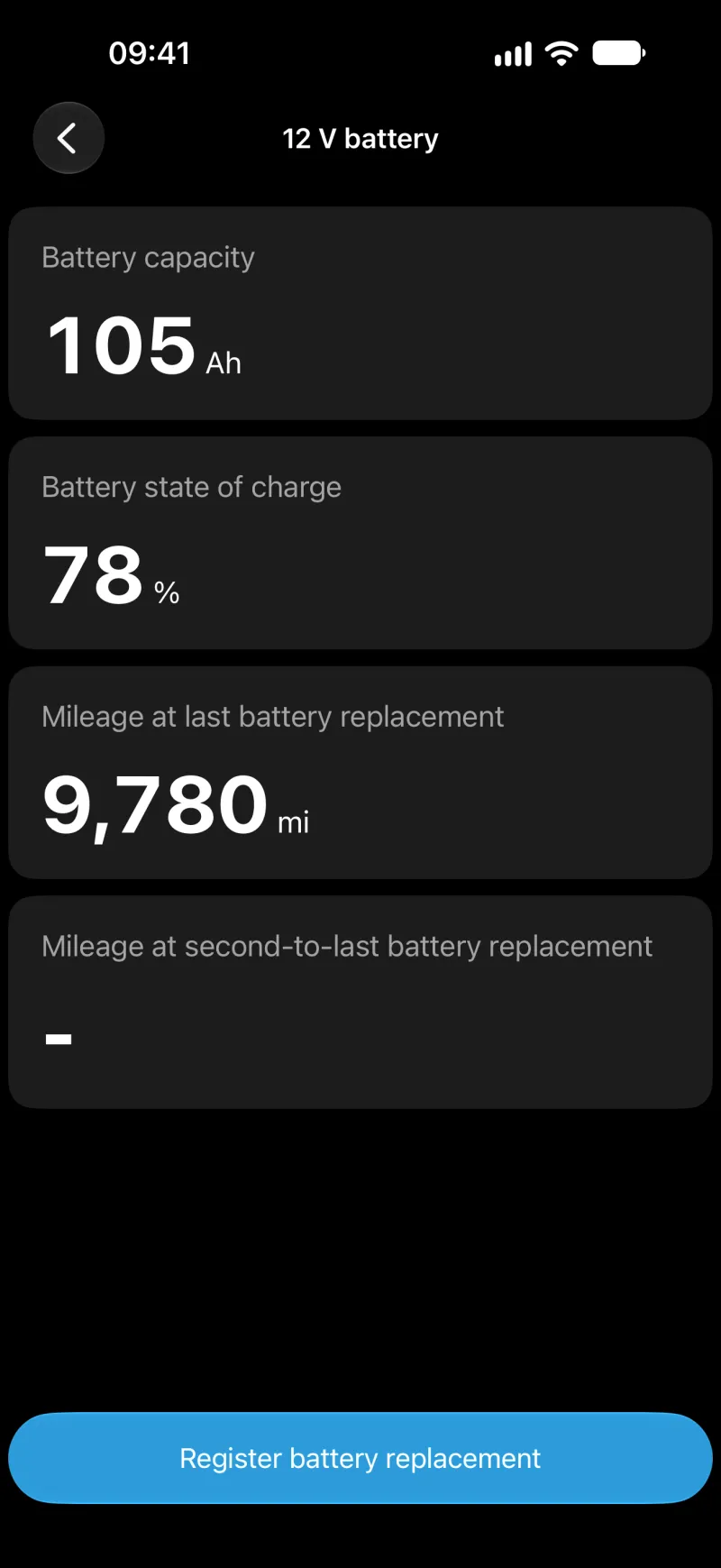 BimmerLink battery registration screen on iPhone
