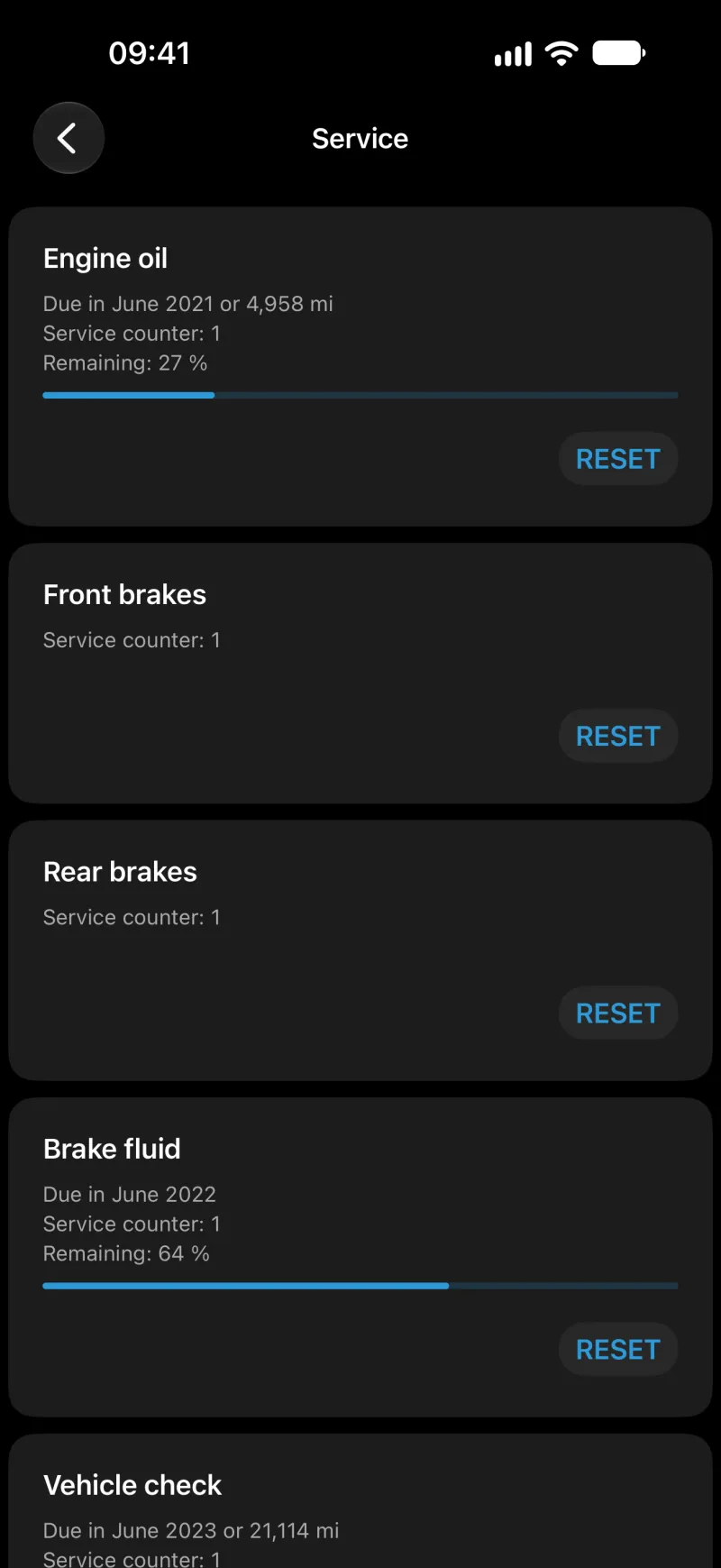 BimmerLink service reset screen on iPhone