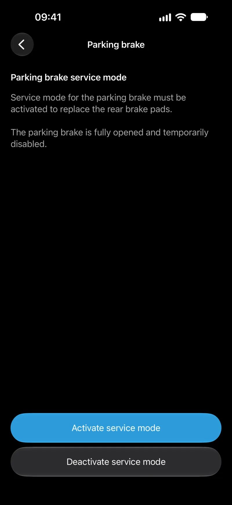 BimmerLink parking brake service mode screen on iPhone