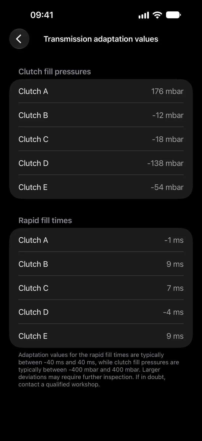 BimmerLink transmission adaption values on iPhone