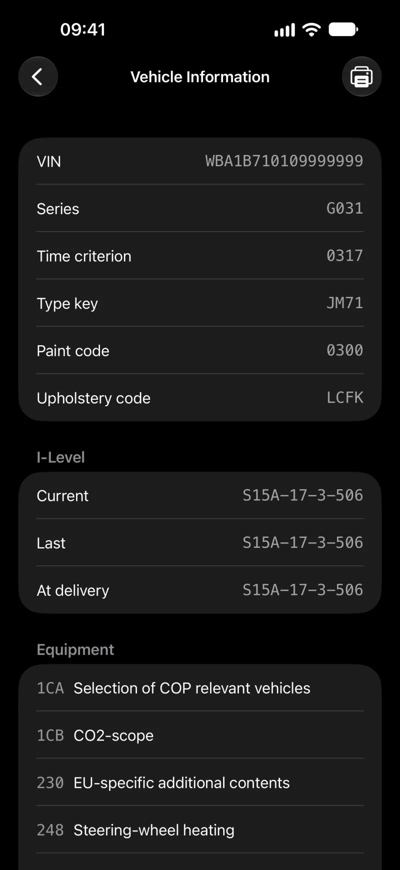 BimmerLink vehicle information screen on iPhone