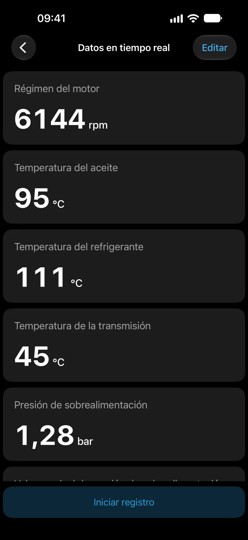 Pantalla de datos en tiempo real de BimmerLink con valores de sensores en el iPhone