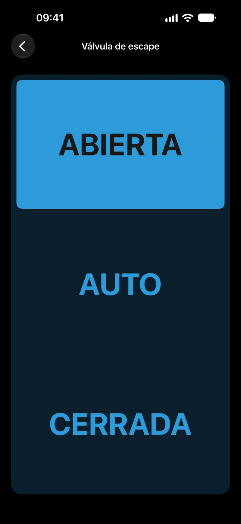 Pantalla de control de la válvula de escape de BimmerLink en el iPhone