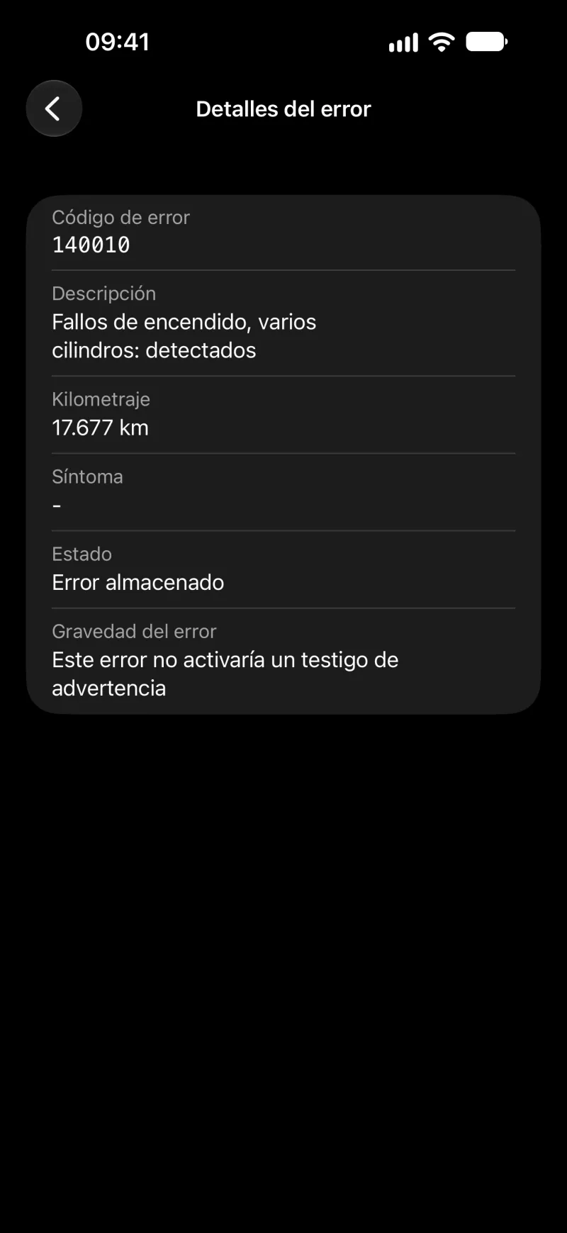 Detalles de la avería en BimmerLink en el iPhone