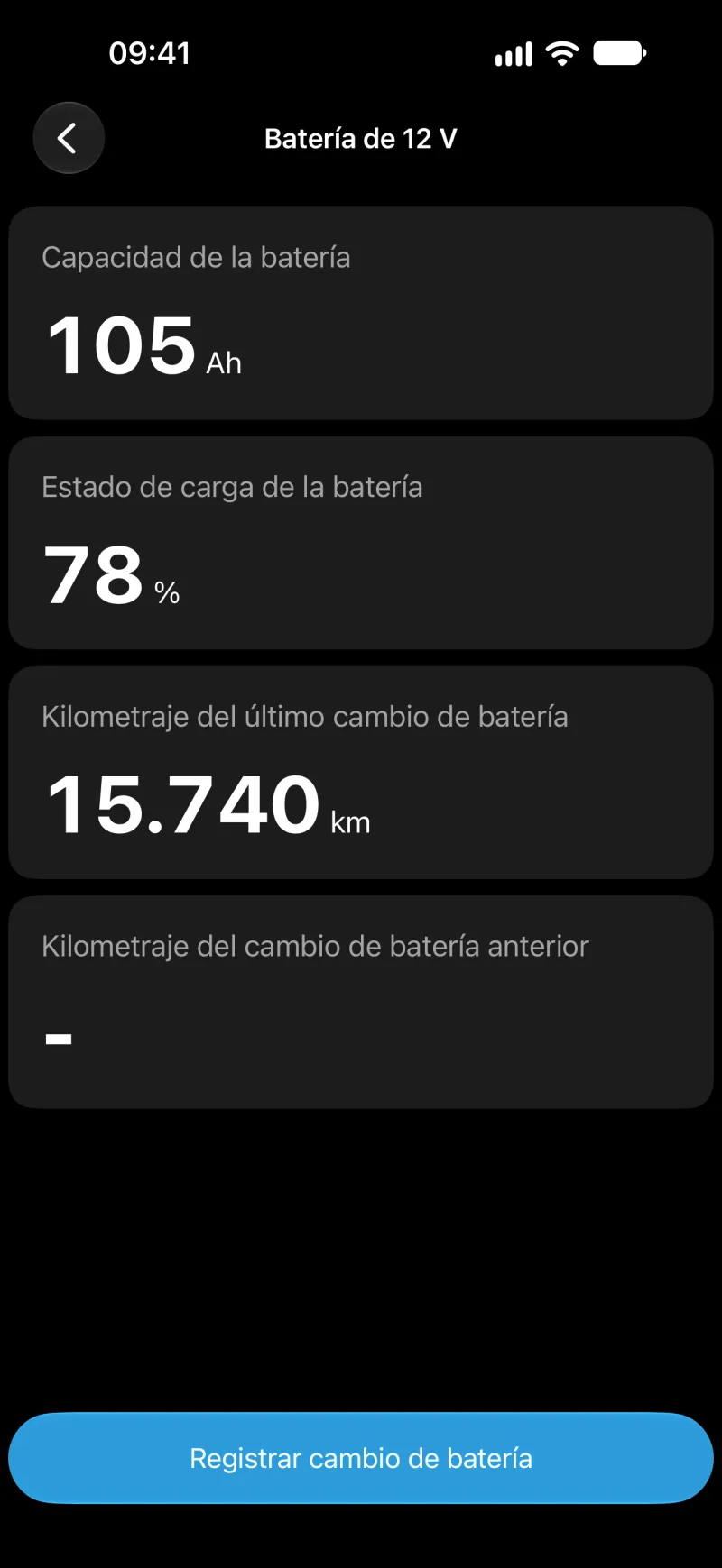 Pantalla de registro de la batería de BimmerLink en el iPhone