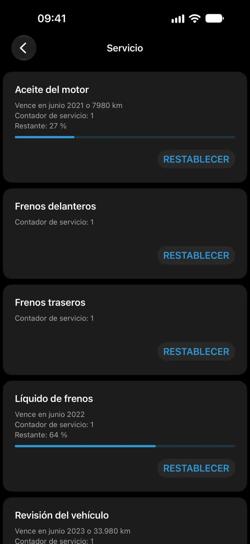 Pantalla de BimmerLink para reiniciar el mantenimiento en el iPhone