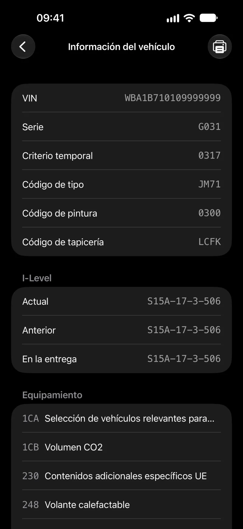 Pantalla de información del vehículo de BimmerLink en el iPhone