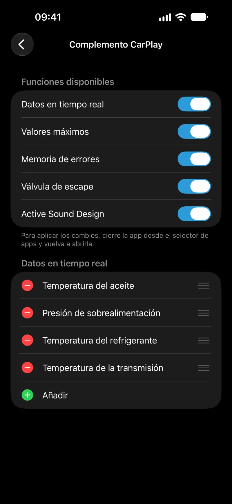 Pantalla del complemento CarPlay de BimmerLink en el iPhone