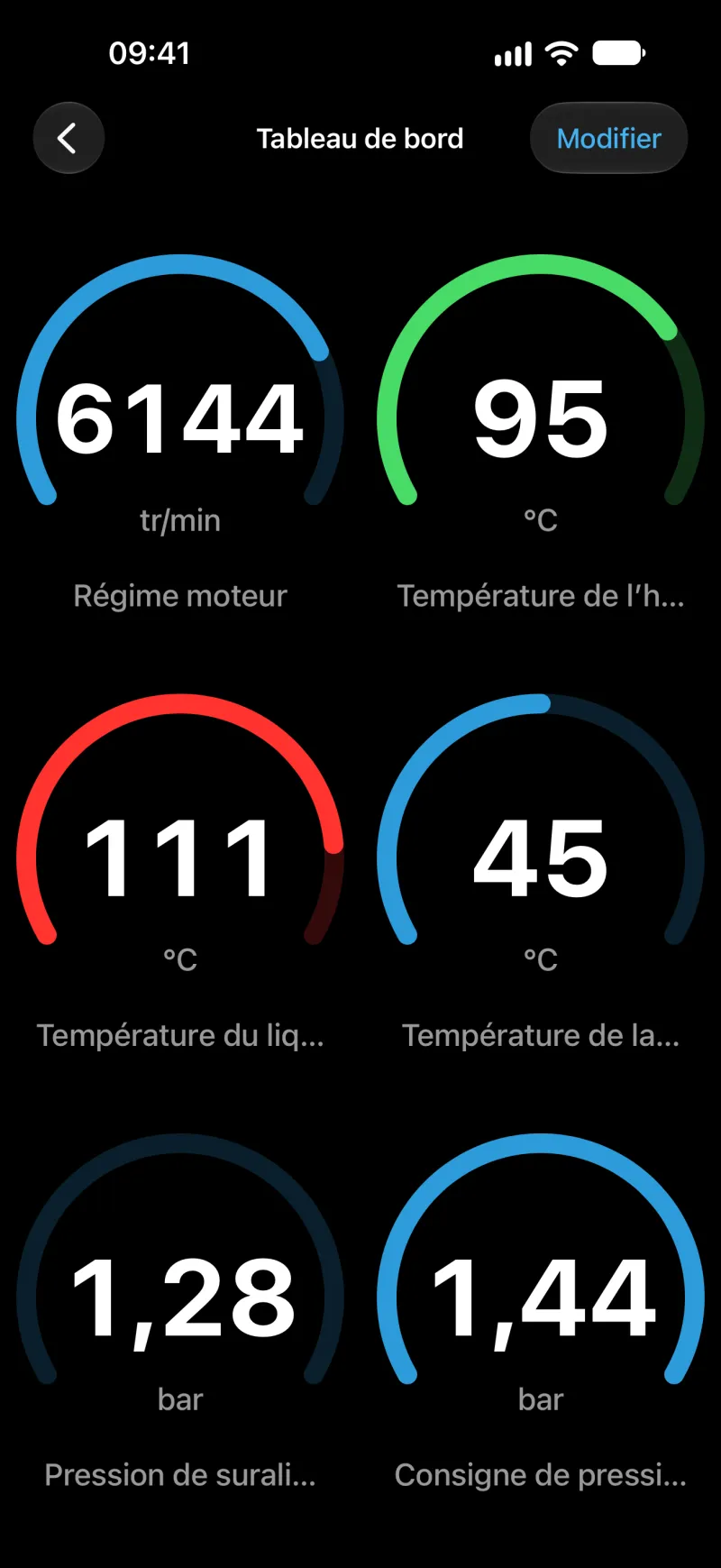 Tableau de bord personnalisable de BimmerLink avec des jauges sur iPhone