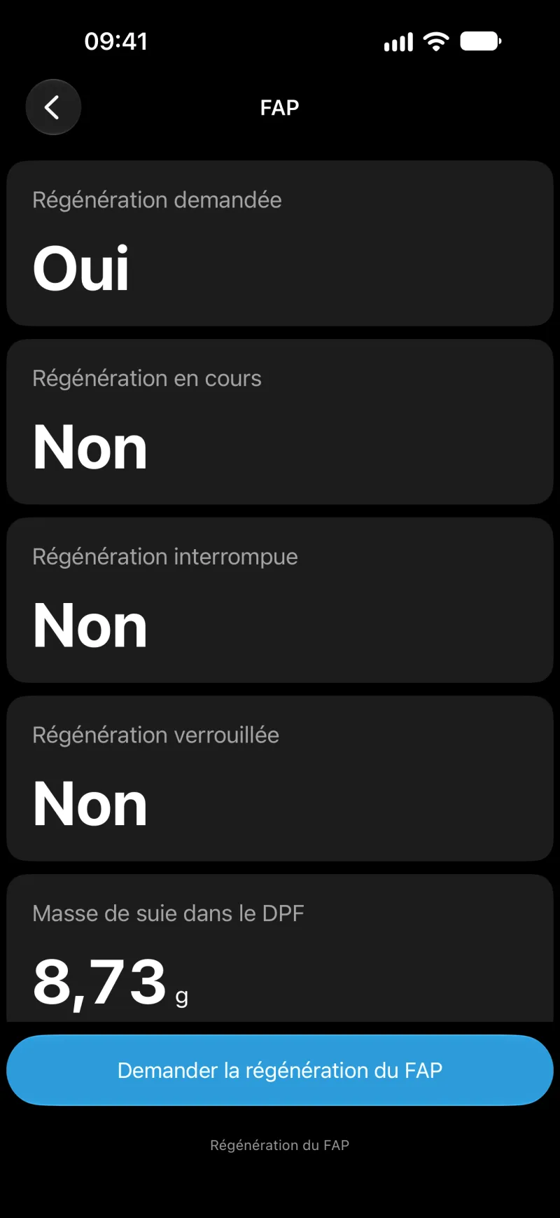 Écran de régénération du FAP de BimmerLink sur iPhone
