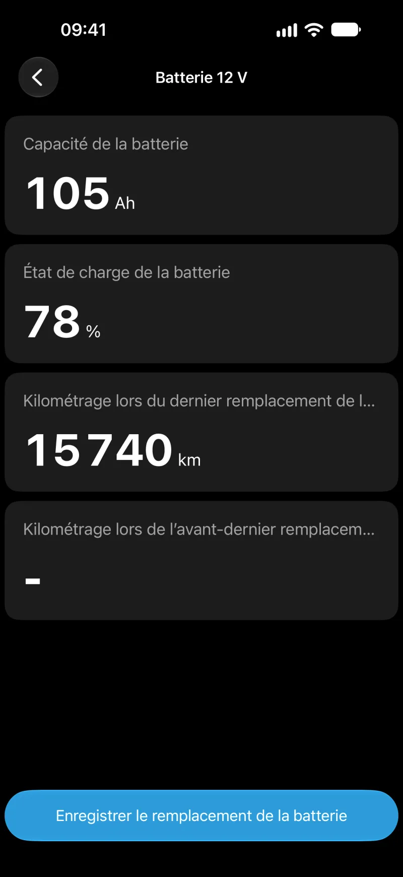 Écran d’enregistrement de la batterie de BimmerLink sur iPhone
