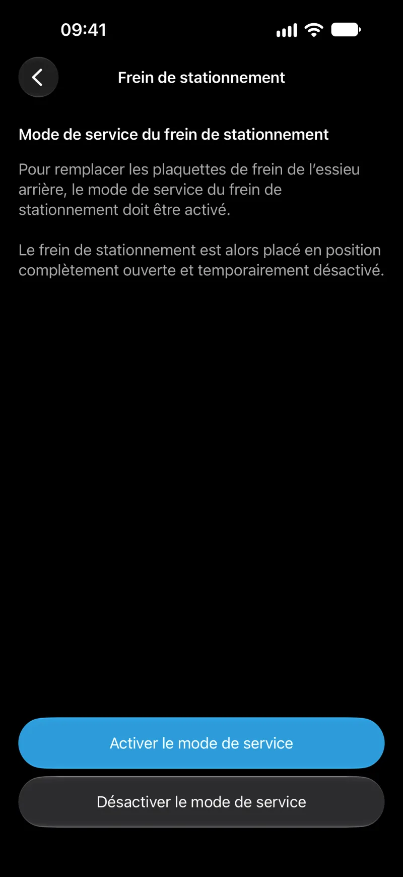 Écran du mode service du frein de stationnement de BimmerLink sur iPhone