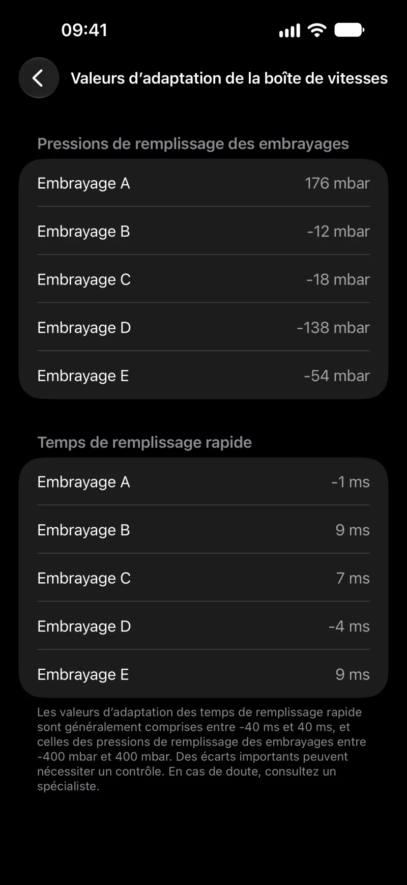 Valeurs d’adaptation de la transmission dans BimmerLink sur iPhone
