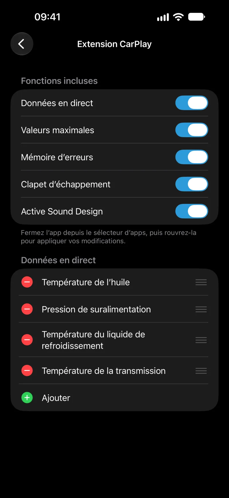Écran de l’extension CarPlay de BimmerLink sur iPhone