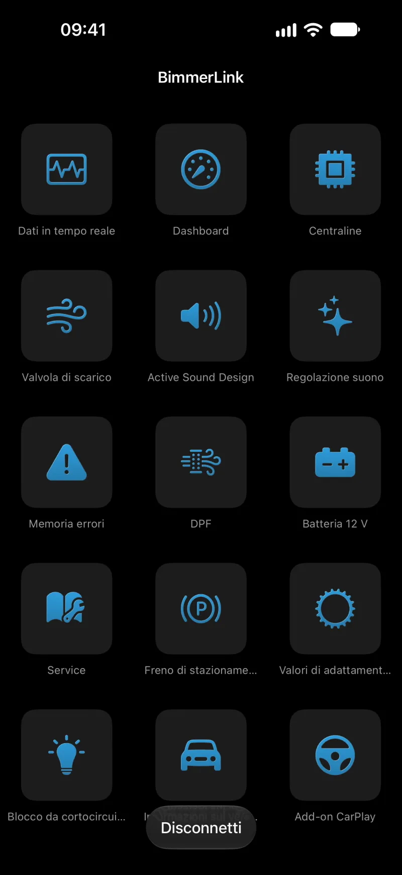 Menu principale di BimmerLink su iPhone