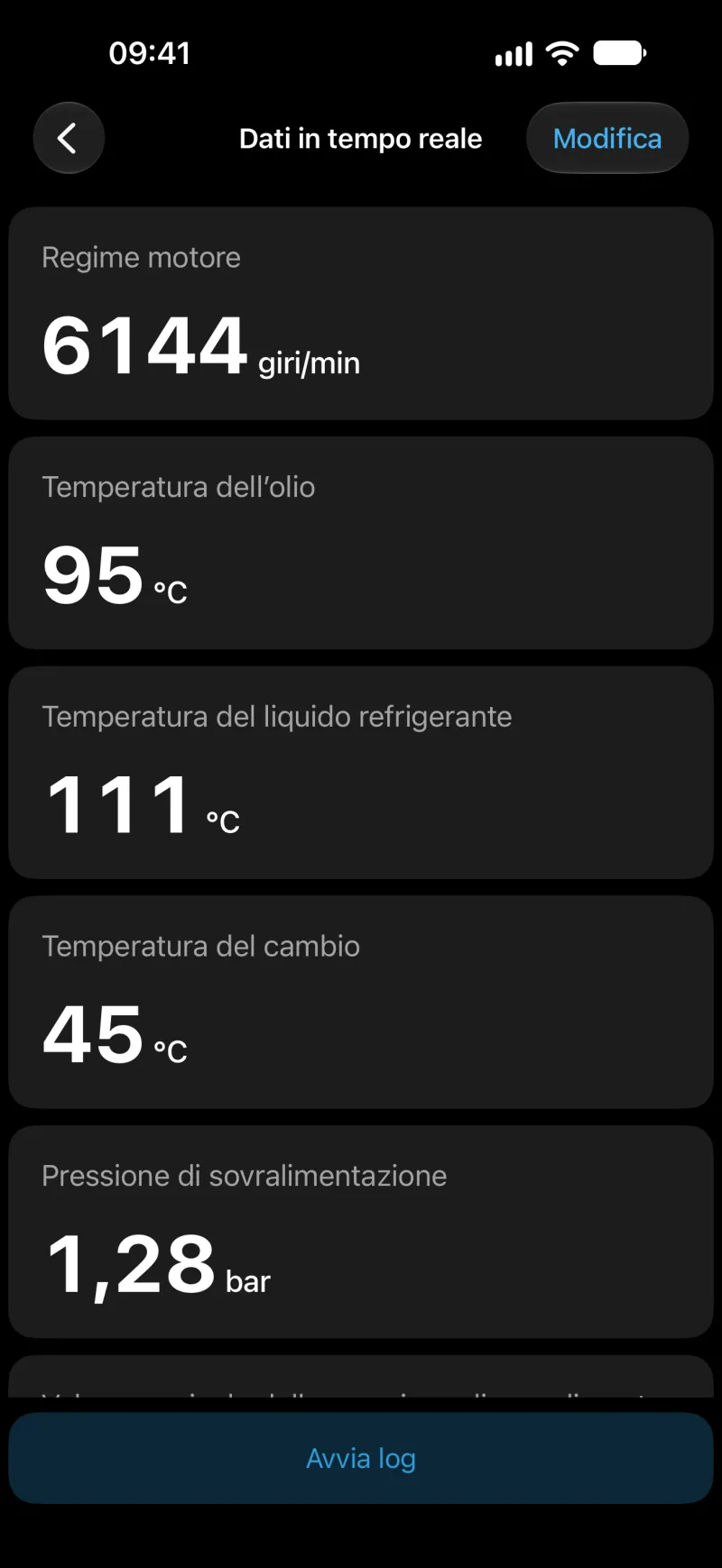 Schermata dei dati in tempo reale di BimmerLink con i valori dei sensori su iPhone