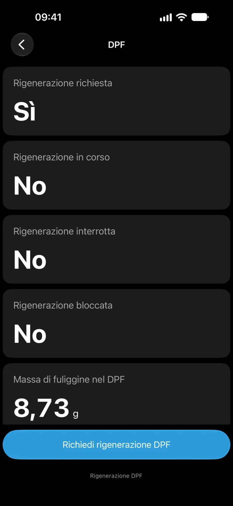Schermata di rigenerazione del DPF di BimmerLink su iPhone