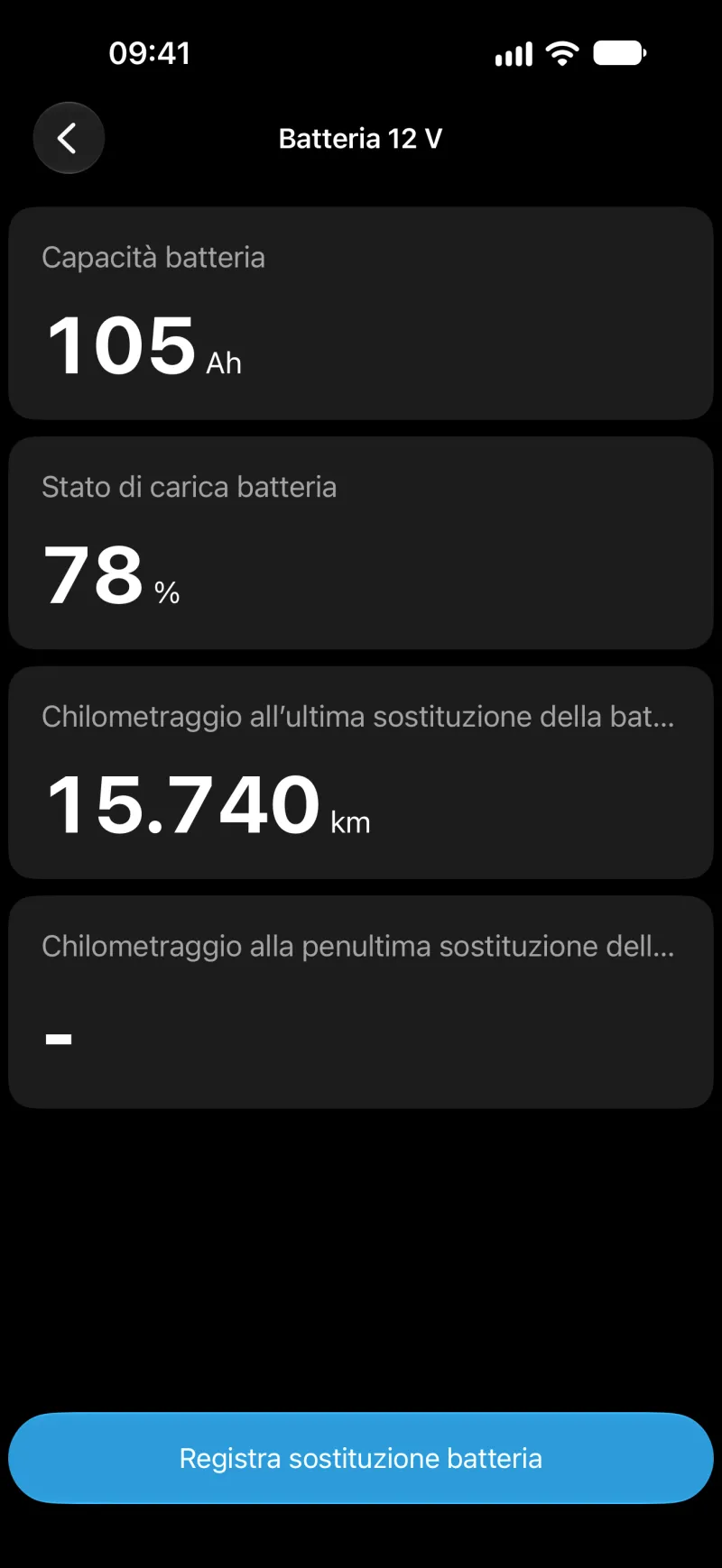 Schermata di registrazione della batteria di BimmerLink su iPhone