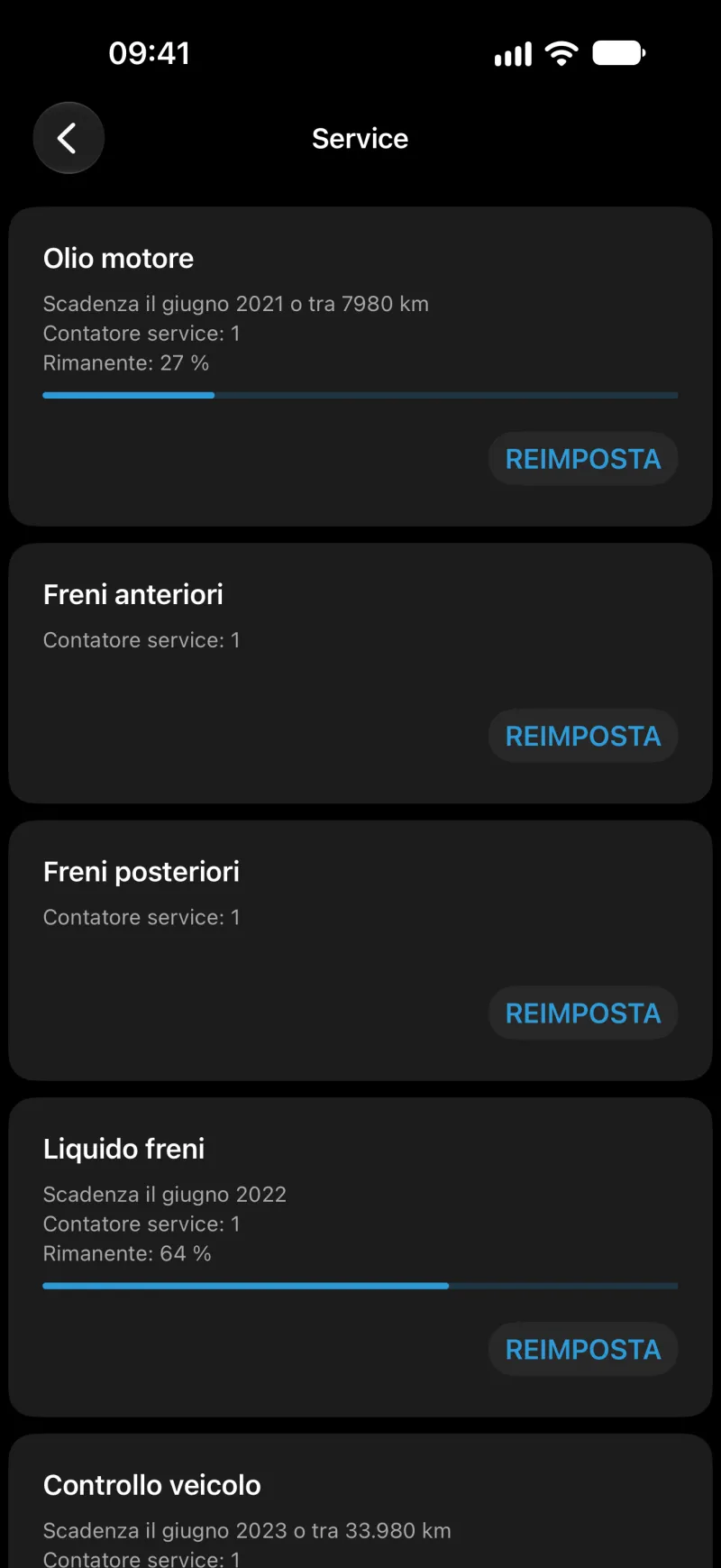 Schermata di BimmerLink per azzerare il tagliando su iPhone