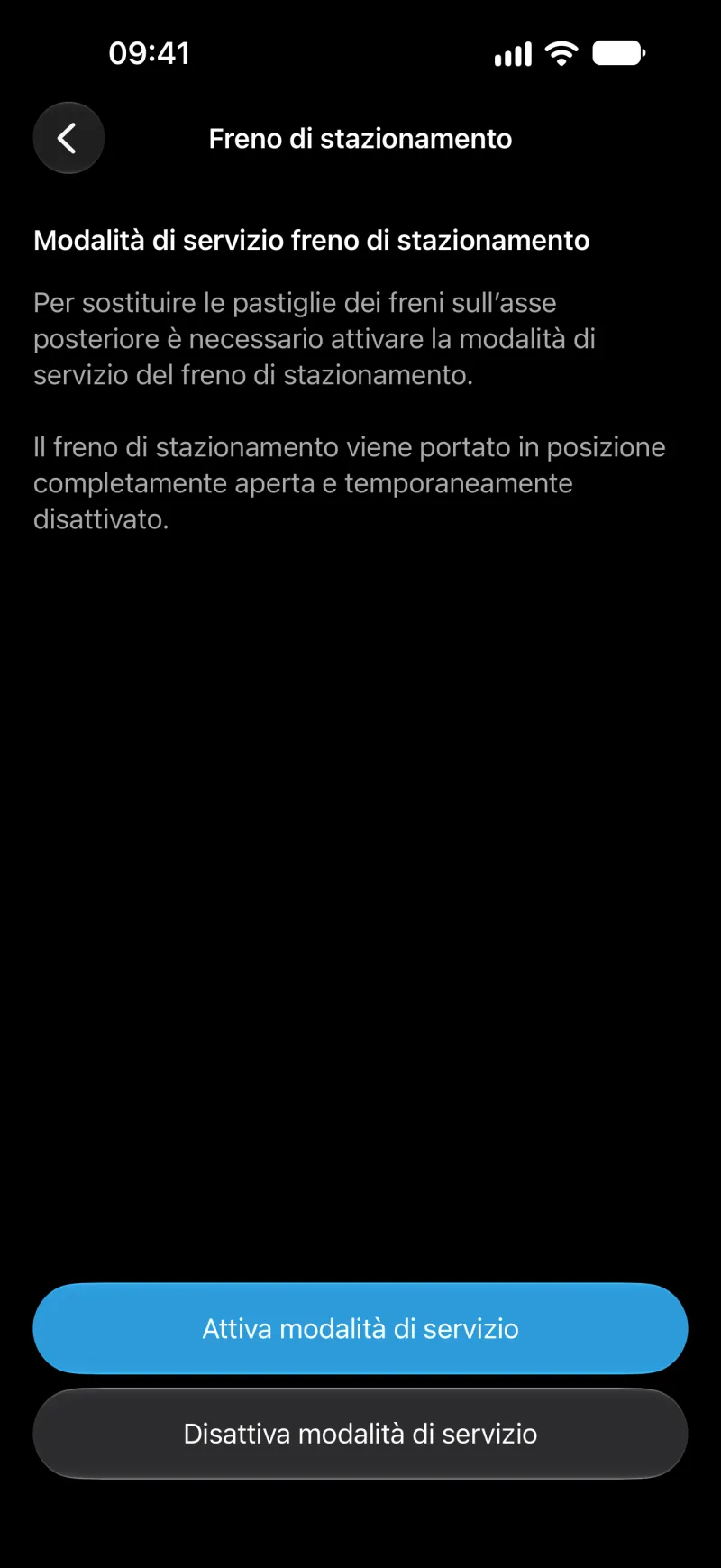 Schermata della modalità di servizio del freno di stazionamento di BimmerLink su iPhone