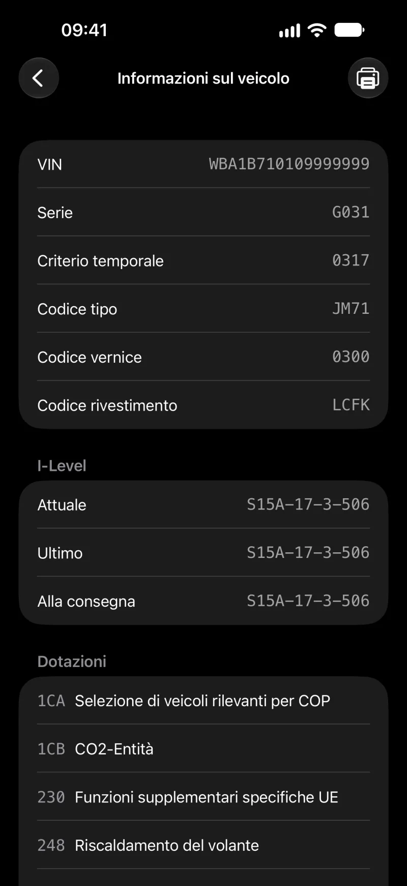 Schermata delle informazioni del veicolo di BimmerLink su iPhone
