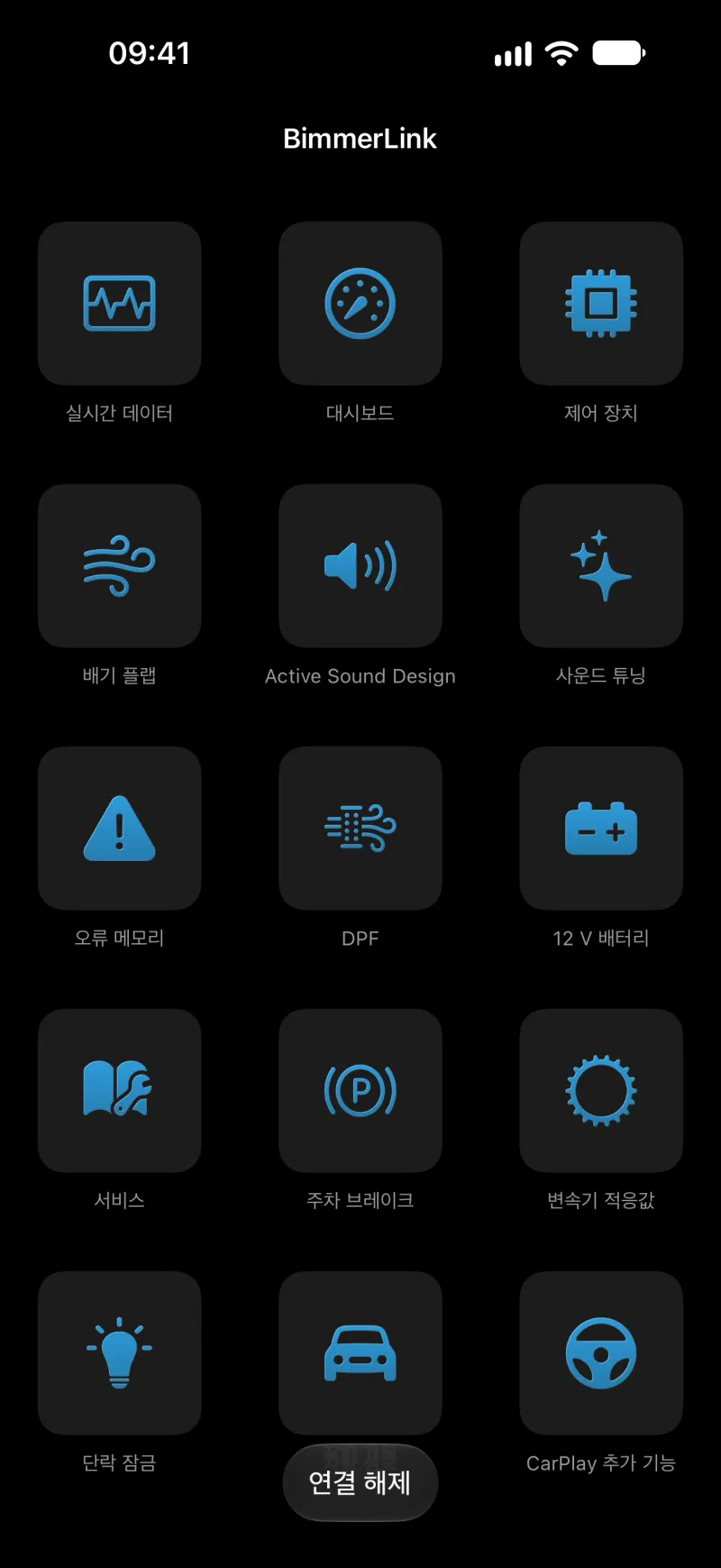 iPhone의 BimmerLink 메인 메뉴
