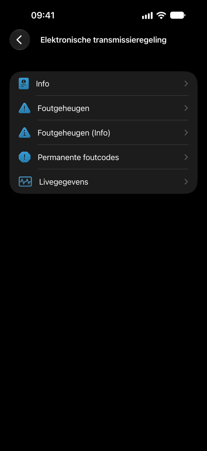 Lijst met regeleenheidfuncties in BimmerLink op iPhone