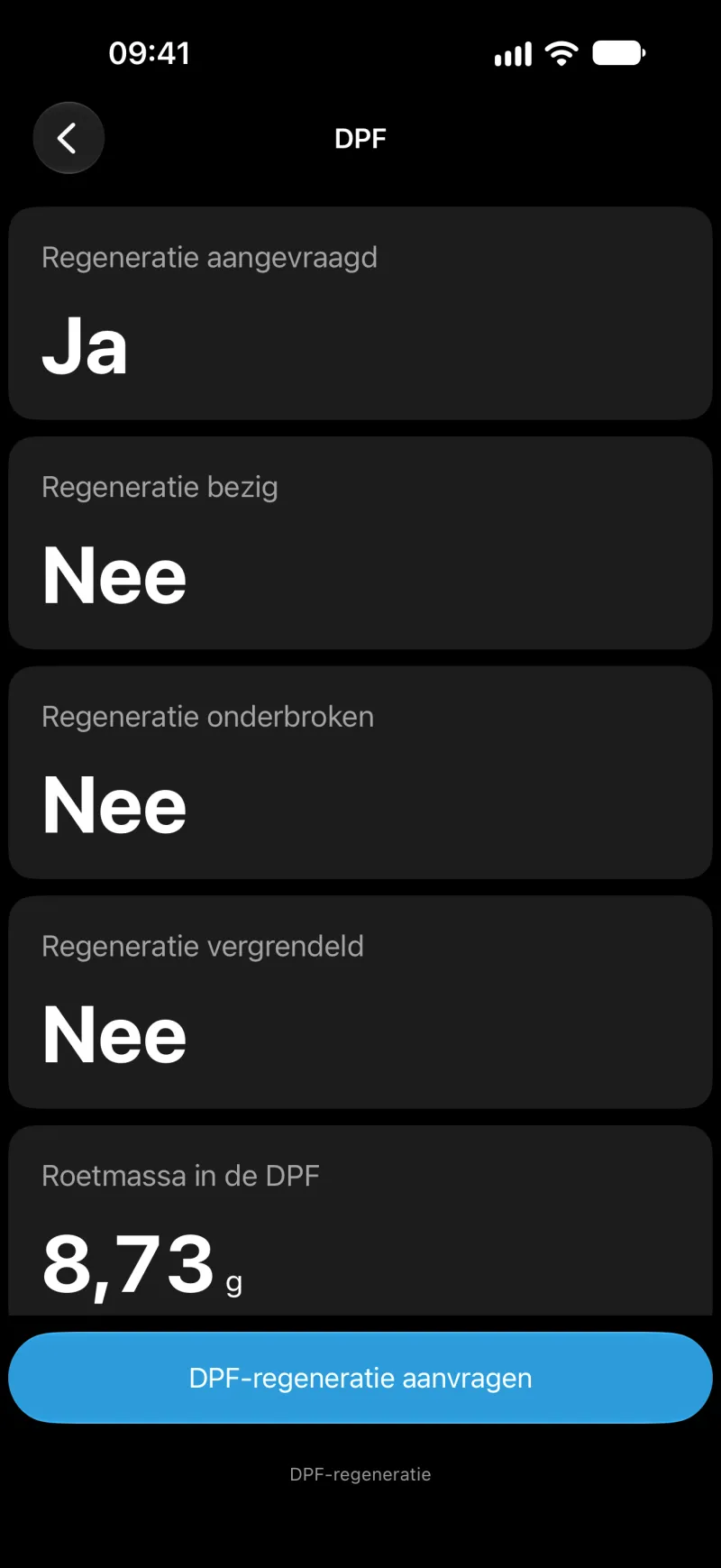 Scherm voor DPF-regeneratie in BimmerLink op iPhone