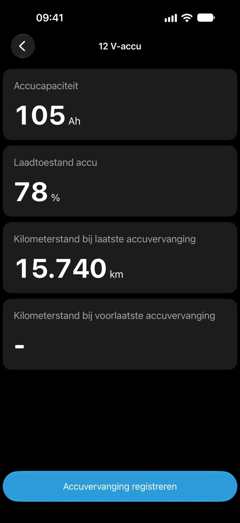 Scherm voor accuregistratie in BimmerLink op iPhone
