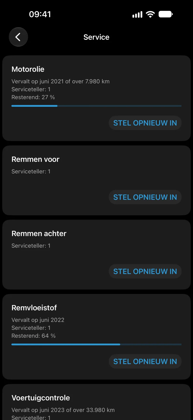Scherm voor het resetten van de service-indicator in BimmerLink op iPhone