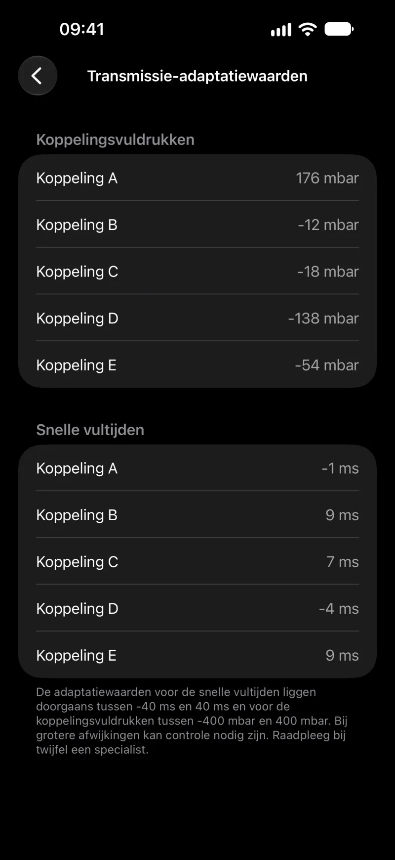 Adaptiewaarden van de transmissie in BimmerLink op iPhone