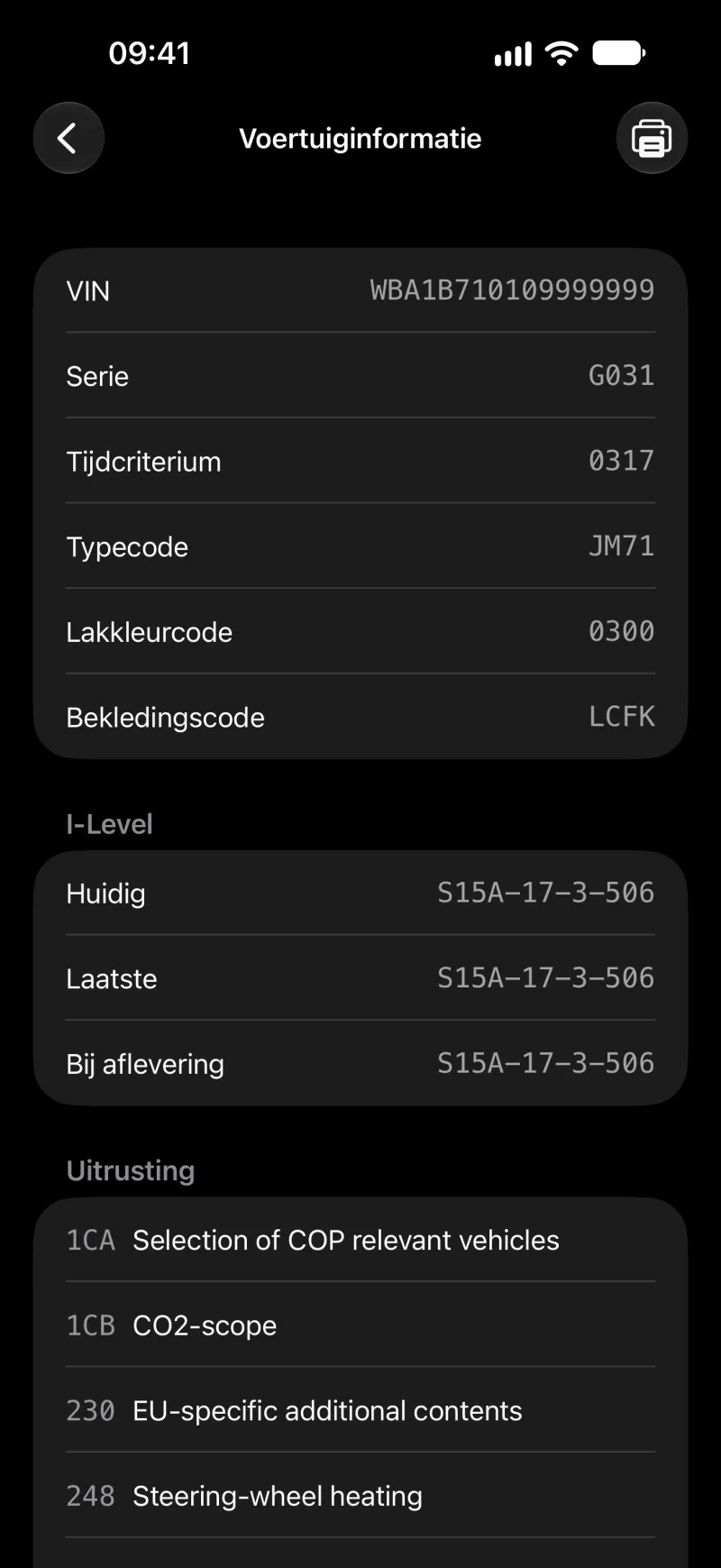 Scherm met voertuiginformatie in BimmerLink op iPhone