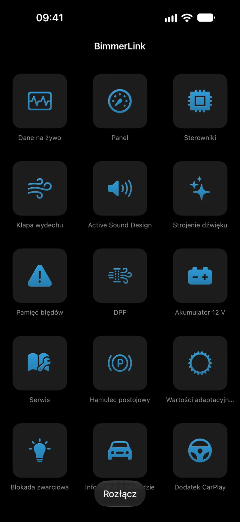 Menu główne aplikacji BimmerLink na iPhonie