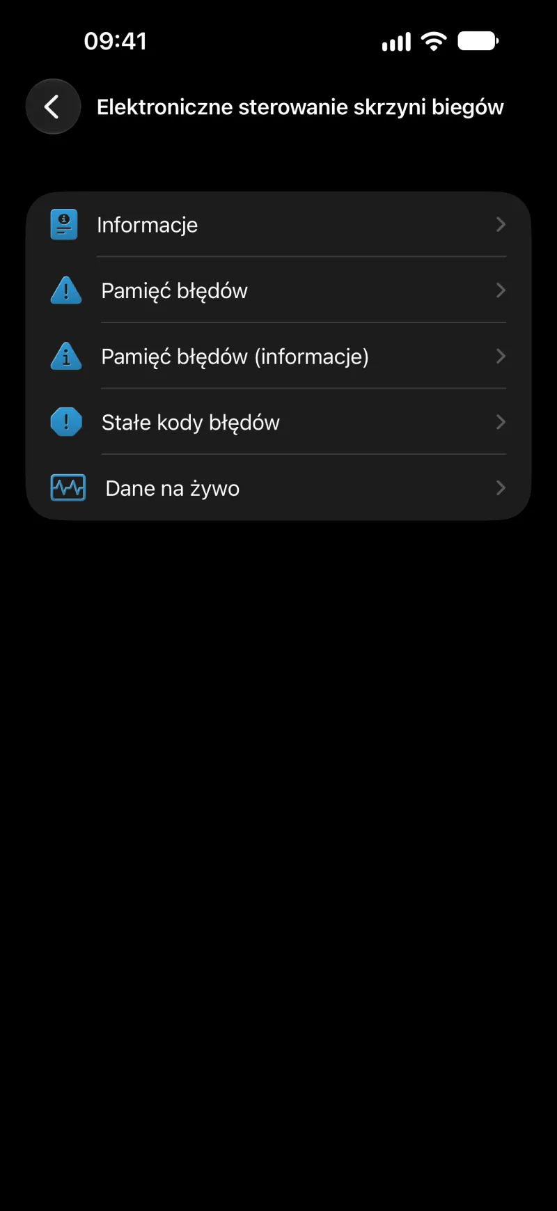 Lista funkcji sterowników w aplikacji BimmerLink na iPhonie